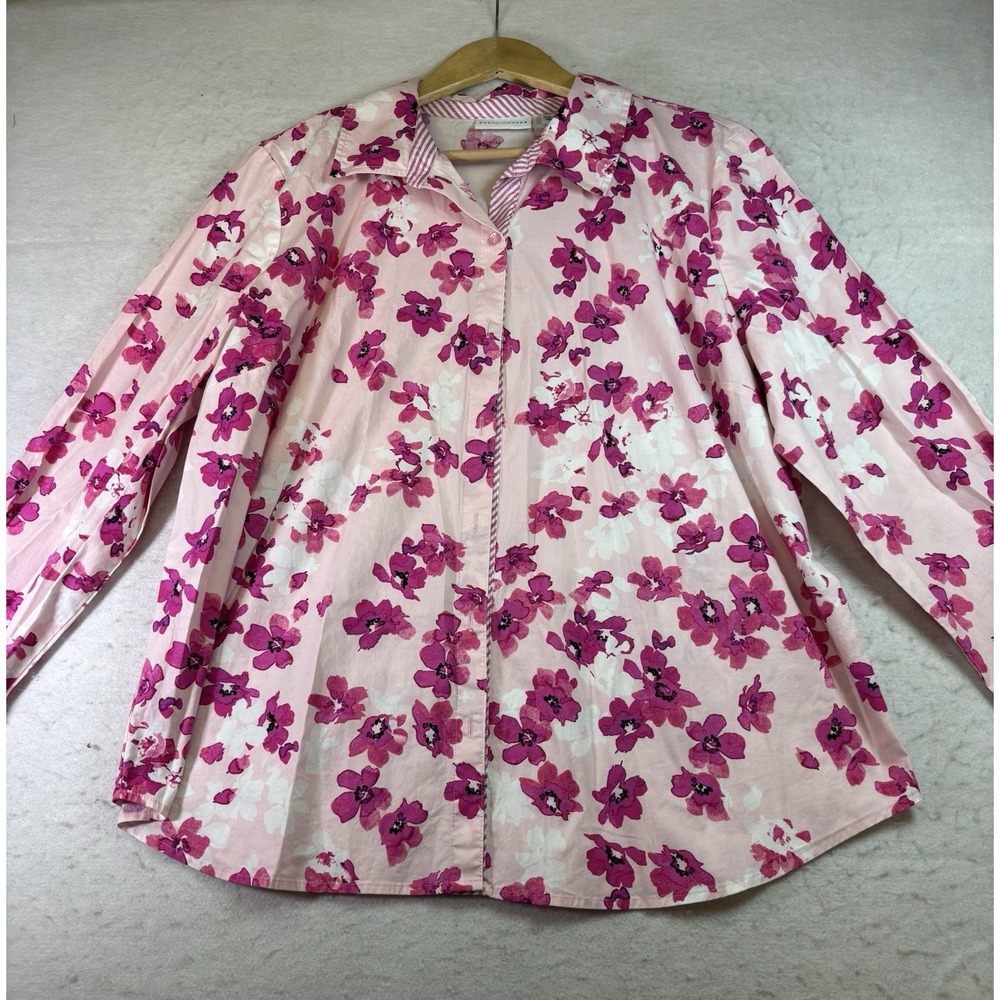 Susan Graver QVC Floral Stretch Cotton Button Front Shirt Pink & Wht Womens 16